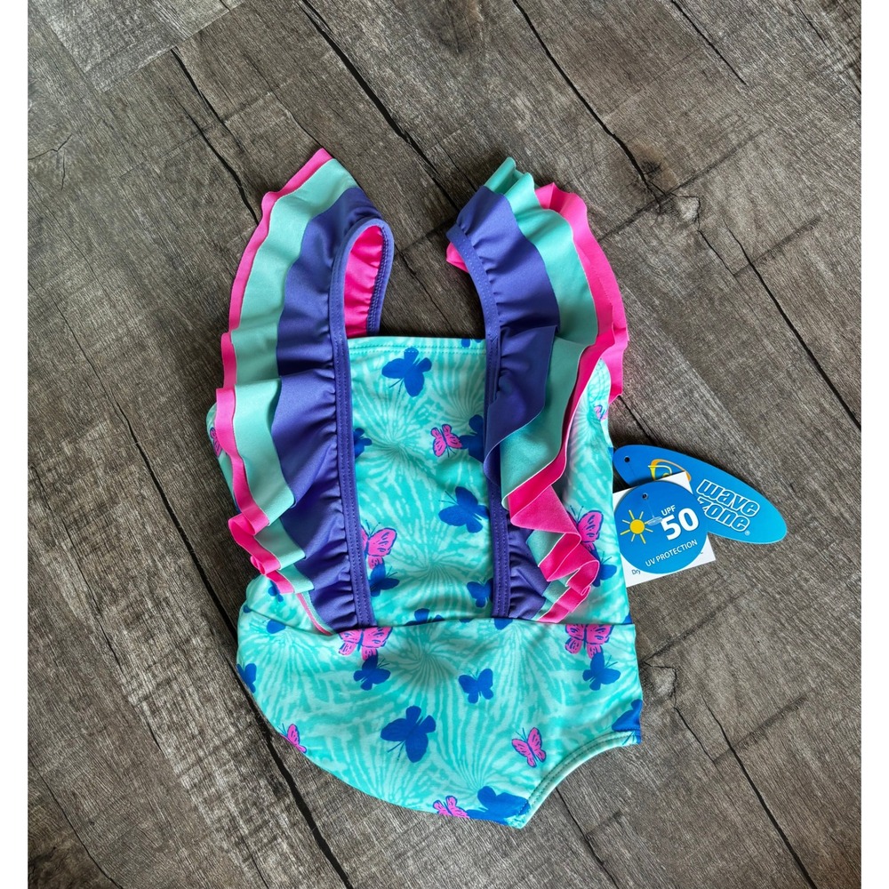 Wave Zone Girls One Piece Swimsuit Butterfly Print Ruffle Straps Aqua